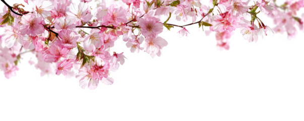 Pink spring cherry blossom flowers on a tree branch isolated against a flat background. 
