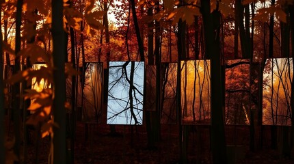 Autumn forest mirror panels reflecting distorted reality symbolizing truth illusion perception identity surreal art
