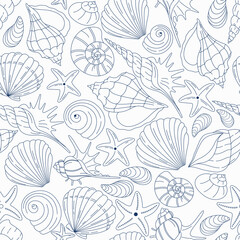Seamless pattern with blue outlined seashells and starfish on a light background. Delicate marine design ideal for summer invitations, packaging, textiles, and ocean-themed projects.

