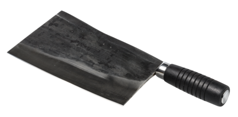 Large, heavy meat cleaver with a dark, textured blade and a black, ridged handle, isolated background. Cleaver has a sturdy and robust appearance