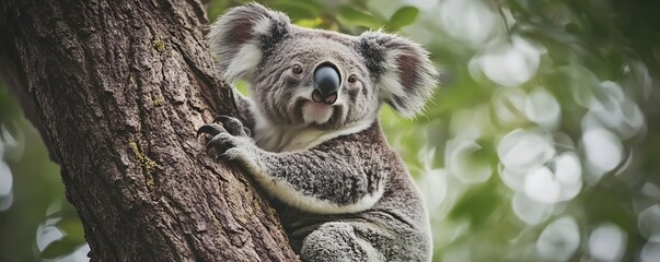 Fototapeta premium A captivating koala clings to a tree with sharp claws