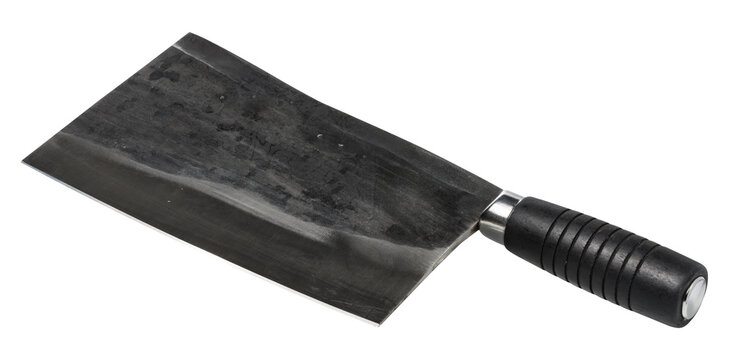 Large, heavy meat cleaver with a dark, textured blade and a black, ridged handle, isolated background. Cleaver has a sturdy and robust appearance