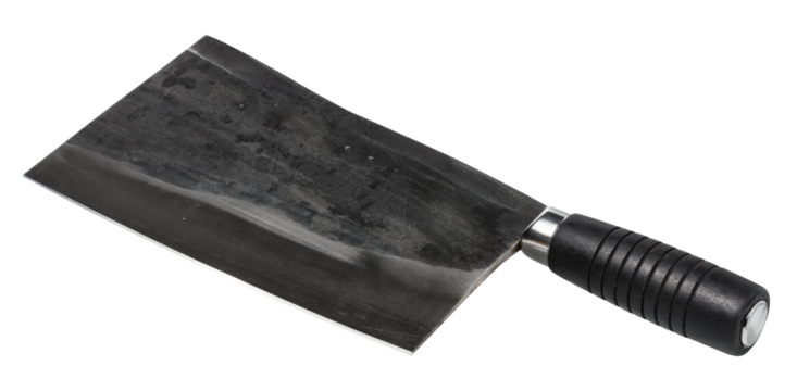 Large, heavy meat cleaver with a dark, textured blade and a black, ridged handle, isolated background. Cleaver has a sturdy and robust appearance