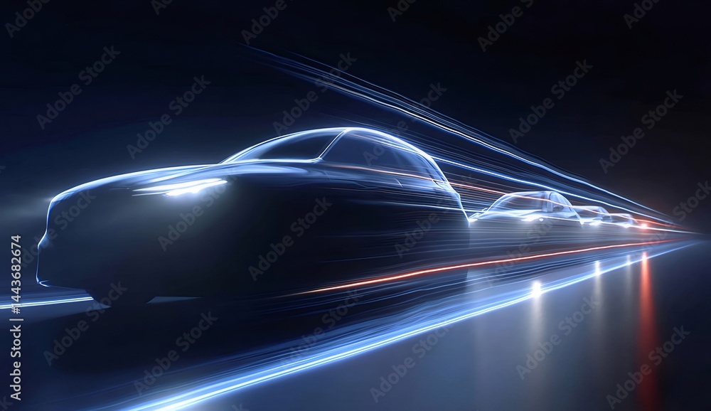 Poster 暗闇の中を走る未来的な自動車のビジュアル表現 青と赤のライトで光跡を描き出す