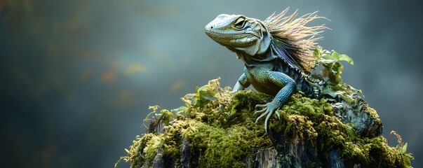 A lizard rests regally on a moss covered stump