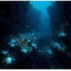 Fototapeta premium Bioluminescent coral reef glowing marine life in dark deep sea underwater canyon illuminated by light beam cinematic exploration alien world fantasy art