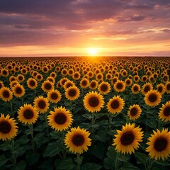 Obraz premium Vast field of golden sunflowers turned towards setting sun dramatic colorful cloudy sky melancholic cinematic atmosphere nature landscape photography rural scene