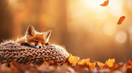   A red fox slumbers on a blanket amidst an autumn forest, with vibrant leaves scattered before and above