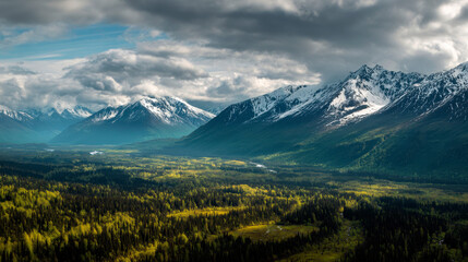 Fototapeta premium Vast snowy mountains of Alaska under a cloudy sky showcasing wild nature Generative AI
