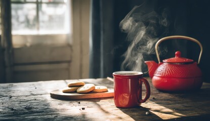 Red coffee mug with steam rising and cookies on a wooden table, a red teapot in the background
