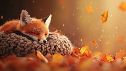   Red fox on blanket with leaves falling from sky
