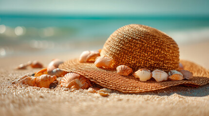 Summer straw hat and shells on sandy beach for relaxing vacation moments Generative AI