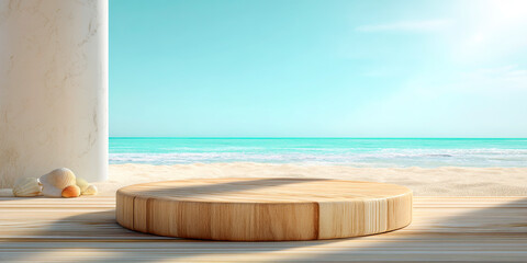 Obraz premium Summer beach wooden table for product display with copy space at coastal location Generative AI