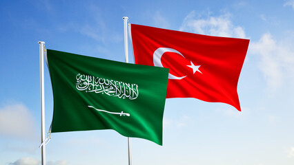 flags of saudi arabia and turkey over blue sky background.