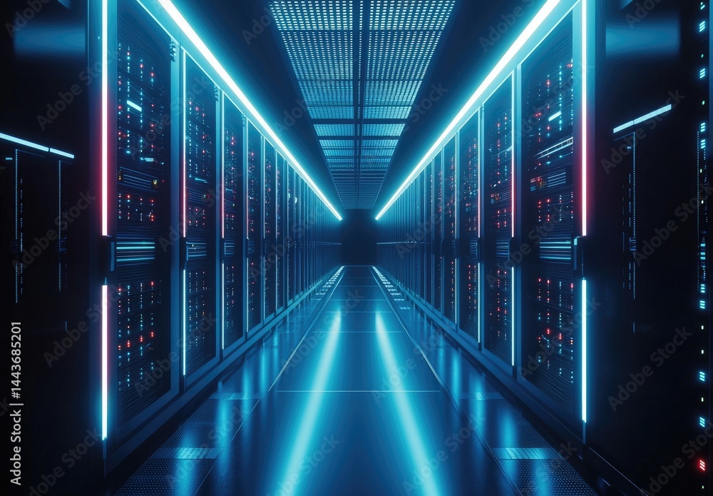 Poster long futuristic server room with glowing red and blue racks. perfect for tech industry, ai systems, 