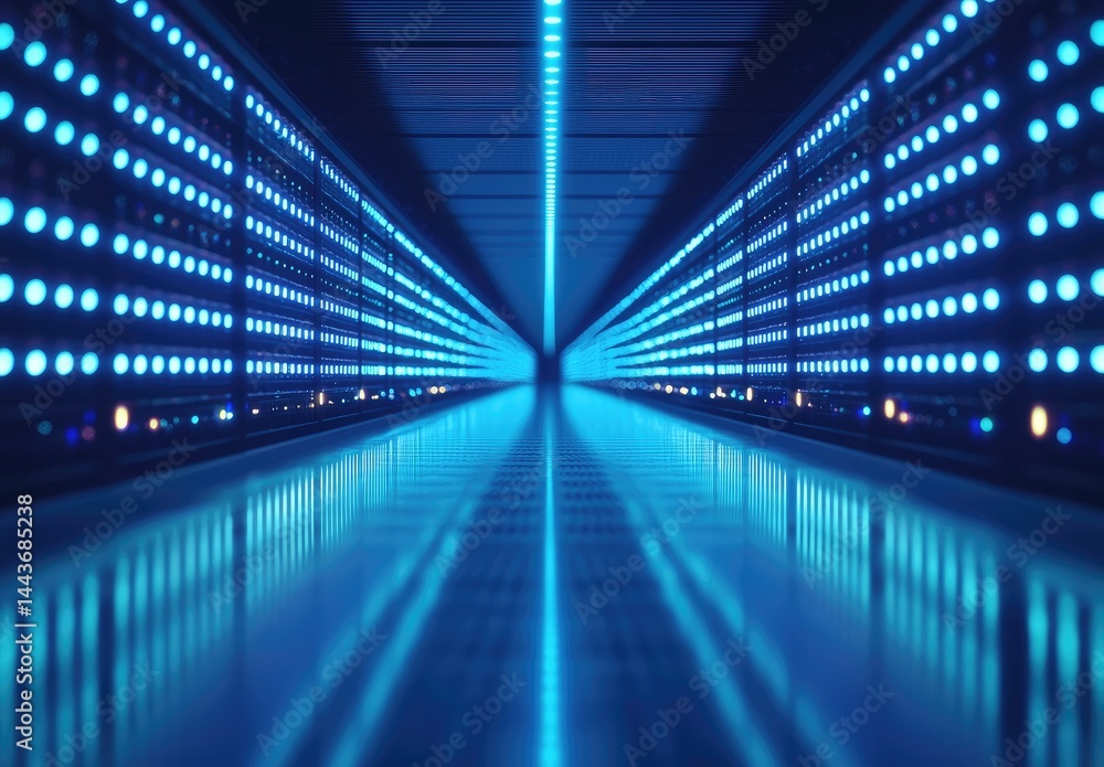 Poster perspective view of a glowing server corridor with blue dot lights. ideal for it services, cloud tec