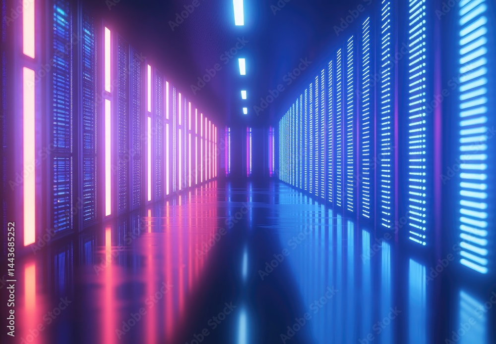 Poster high-tech server corridor glowing with blue light reflections. suitable for cloud systems, networkin