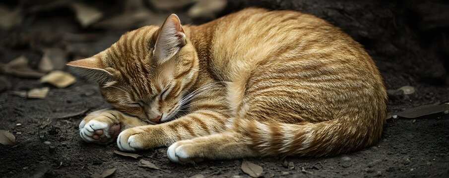 A ginger tabby cat is peacefully sleeping curled up outside - Powered by Adobe