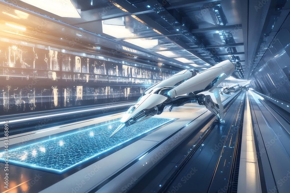 Poster 未来的な宇宙船が光の中で高速移動する近未来デザインの青いトンネル