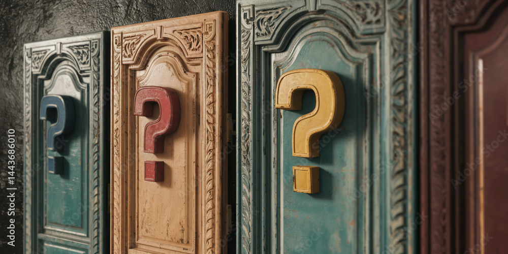 Poster ornate wooden doors, each displaying a large question mark in varying colors, create a visual repres