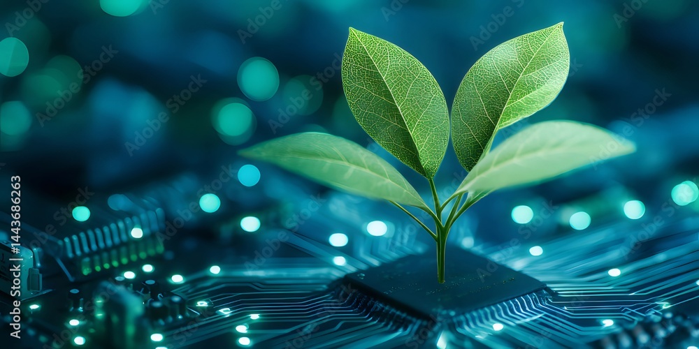 Aufkleber 電子回路基板に芽生えた植物の成長と未来を象徴する鮮やかな緑の葉が輝くデジタルイメージ