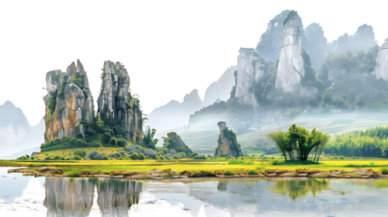 Idyllic Scenery in Southern Anhui Province with White Background