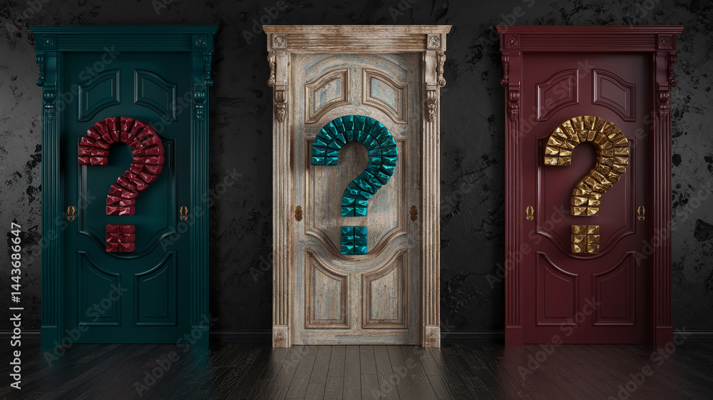 Poster three ornate doors, each with a question mark made of textured material, represent choice, uncertain