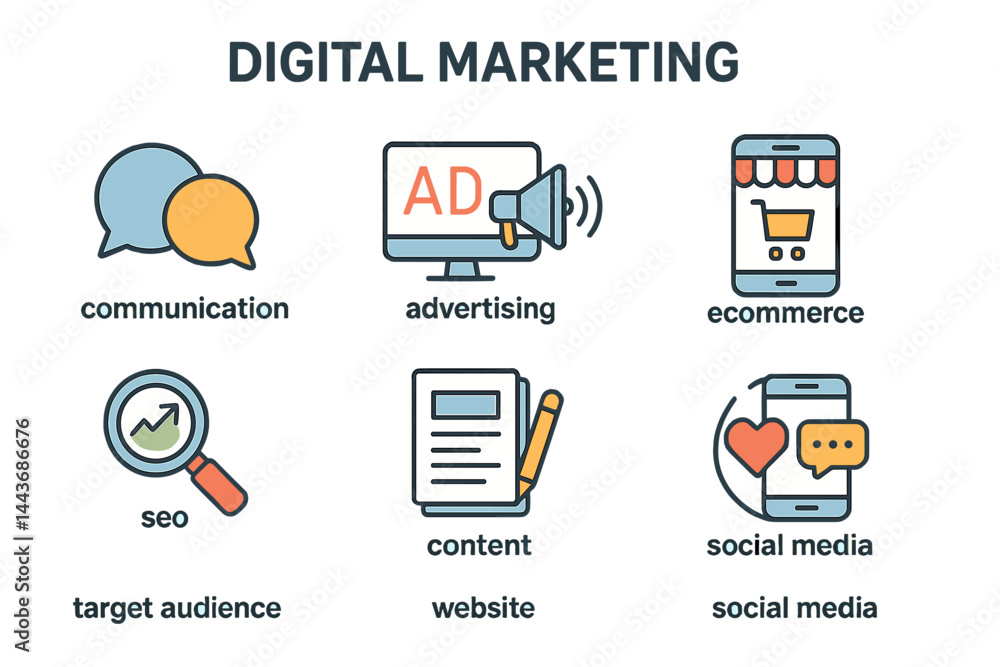Poster digital marketing icons suitable for web and mobile apps are presented in a line style, encompassing