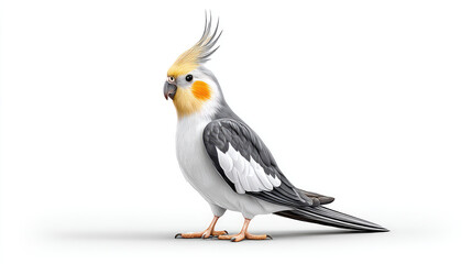 Obraz premium Side view of a parakeet with gray, white, and yellow feathers. Detailed plumage, perched posture, vibrant colours