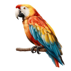Obraz premium Vibrant Scarlet Macaw Parrot perched on a branch against a transparent background a tropical bird with red yellow and blue feathers