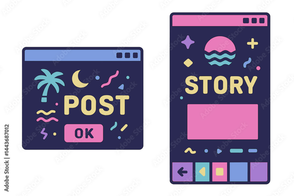 Aufkleber a cute nostalgic 90s retro vaporwave post and story template is available, complete with social medi