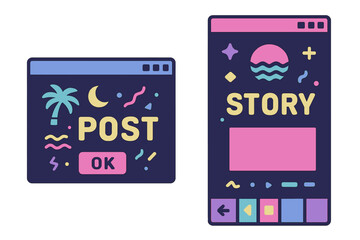 A cute nostalgic 90s retro vaporwave post and story template is available, complete with social media stories and posts that have old computer aesthetic ui elements vector set, as well as an