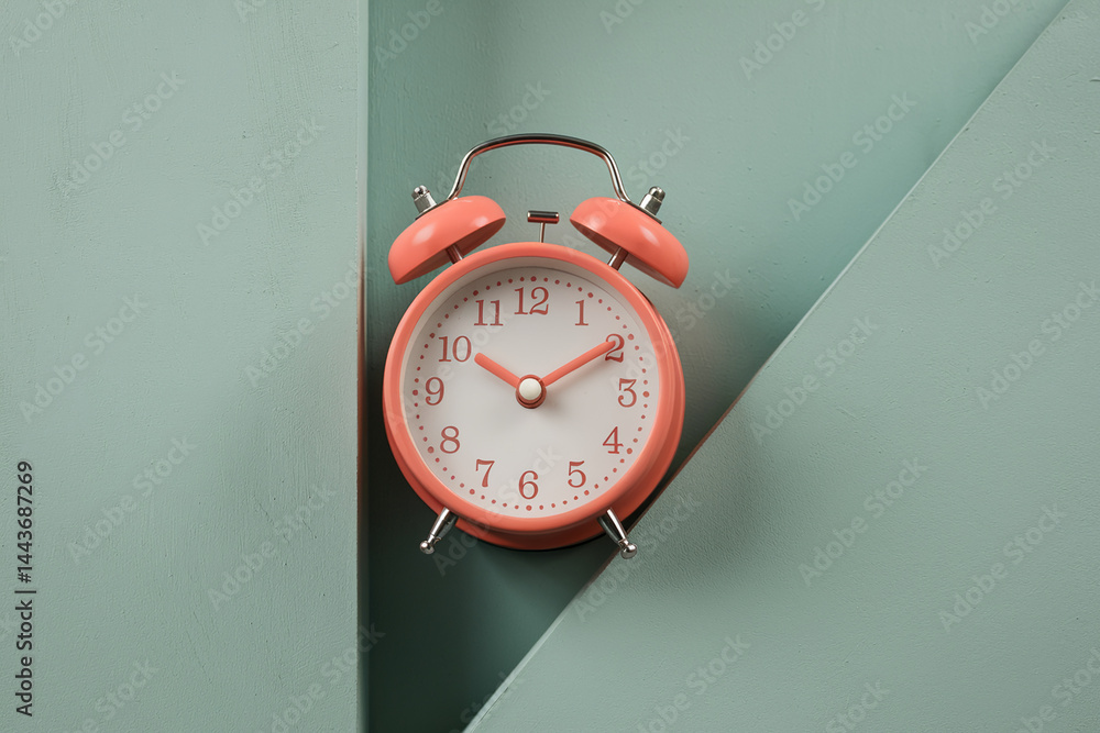 Poster pink alarm clock on a light-green background, showcasing a minimalist design, symbolizing time manag
