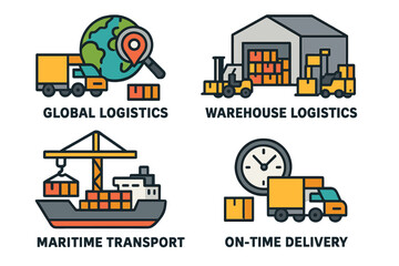 Fototapeta premium Vector illustration of an isometric set for global logistics, including warehouse and maritime transport logistics, designed for on-time delivery of large cargo quantities
