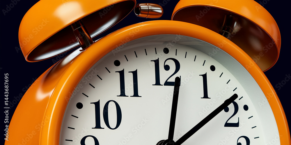 Poster close-up of orange alarm clock, showing detail of the face and bells, suggesting themes of time mana