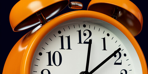 Close-up of orange alarm clock, showing detail of the face and bells, suggesting themes of time management and punctuality