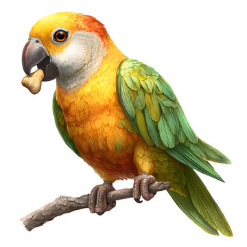 Sun Parakeet Bird Perched on Branch Holding Treat Vibrant Yellow Green Feathers Exotic Wildlife Animal