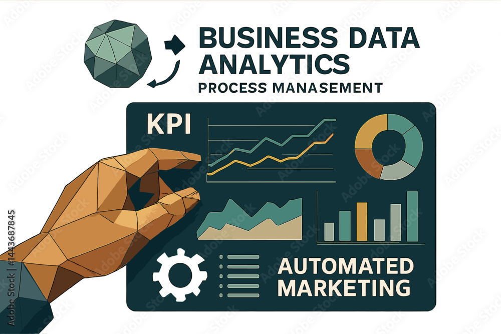 Poster low polygon hand interacting with business data analytics process management incorporating kpi finan