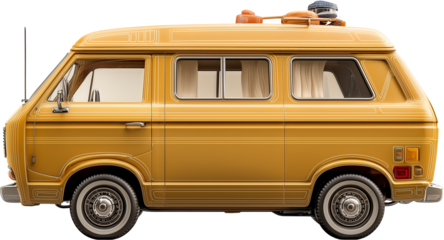 A yellow van with a white stripe on the side