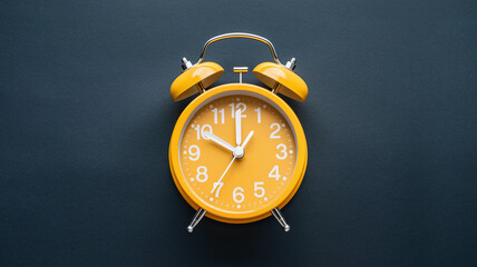 Yellow alarm clock on dark background, showcasing time management and punctuality concepts