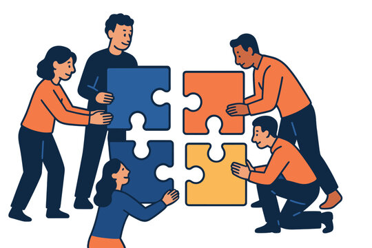 People are connecting puzzle pieces to illustrate the business concept, which serves as a symbol of cooperation, partnership, and teamwork, all on a white background with a trendy vector isolate