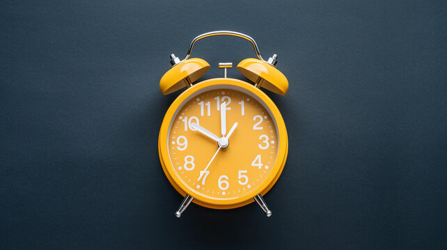 Yellow alarm clock on dark background, showcasing time management and punctuality concepts