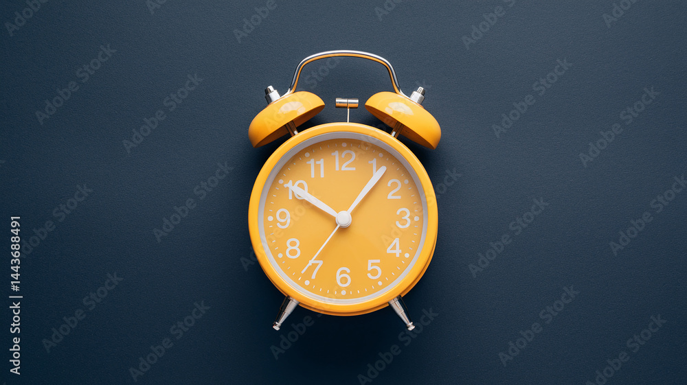 Poster yellow alarm clock on dark-blue background, showcasing time management concept free space around clo