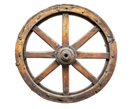 Wooden wheel action historical workshop natural light isolated on transparent background