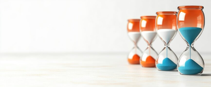 Hourglasses measuring time flowing concept for urgency and deadlines business strategy