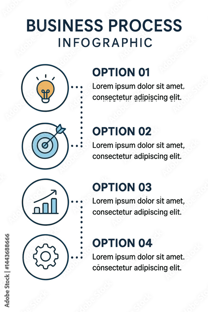 Poster infographic template for business processes featuring a thin line design with numbered 4 options or 