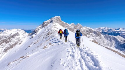 Hikers with Backpacks and Poles Alpine Style High-Definition Sharp Focus Landscape Wide Shot Snowy Ridge Ascent Breathtaking Mountain Vista Vivid Cold Tones Ideal for Adventure Tourism