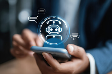 AI Artificial Intelligence,Digital chatbot, Man chatting with digital assistant chatbot on mobilephone on internet application,Future of customer service man utilizes AI chatbot for instant assistance