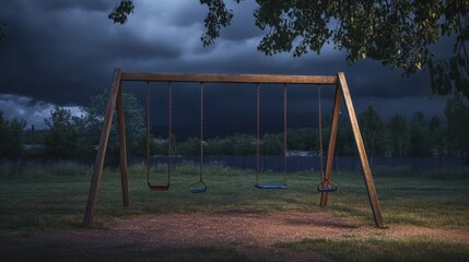 Empty swing set under a dramatic stormy sky