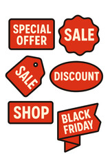 Vector illustration featuring a set of sale badges, premium tags, and labels, along with a template banner designed for shopping and promoting special offers, sales, discounts, and Black Friday